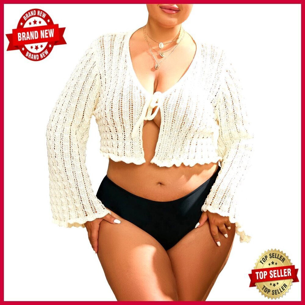 Plus Size V-Neck Long Sleeve Tie Front Knit Crop Cardigan